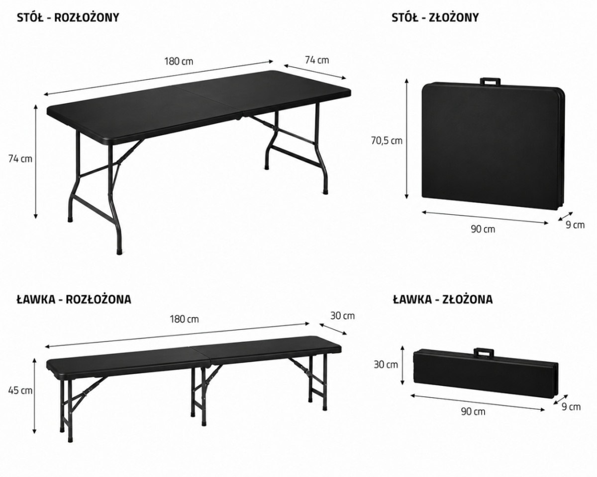 Skládací cateringový stůl 180 cm + 2 lavice zahradní černý Kempingový 00017966